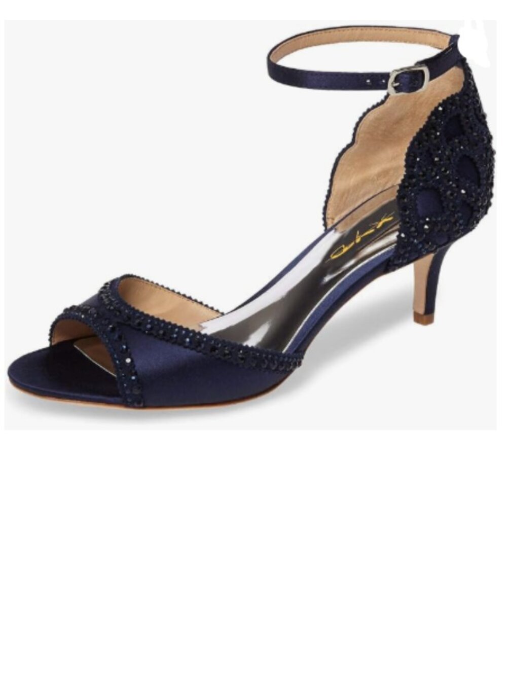 XYD Navy Peep Toe D'Orsay Kitten Heel Rhinestone Ankle Strap Satin Sandals